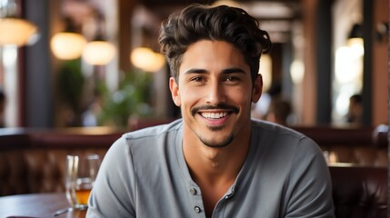 Fototapeta premium Attractive millenial hispanic model guy on cozy restaurant looking happy at camera from Generative AI