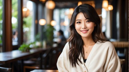 Attractive millenial japanese model girl on cozy restaurant looking happy at camera from Generative AI
