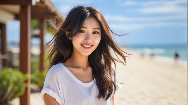Attractive millenial japanese model girl on beach summer vacation looking happy at camera from Generative AI