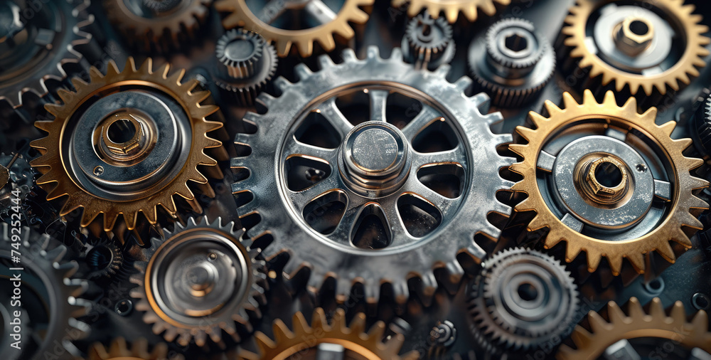 Poster Automotive gears connected to one another via their grooves. Generative AI.