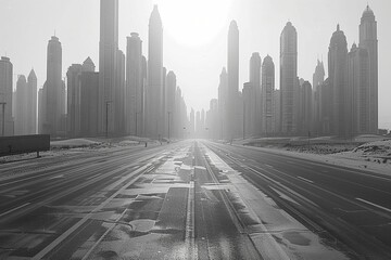 deserted futuristic cityscape in timeless black and white cinematography, where the architectural marvels stand out under the bright sunlight, creating evocative silhouettes 