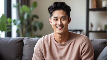 Attractive millenial korean model guy on cozy home living room looking happy at camera from Generative AI