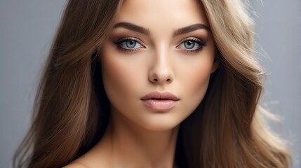 Attractive russian model woman with straight flying hair and light make up with long eye lashes from Generative AI