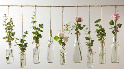 Hanging Bottle Garden: Suspend repurposed clear glass bottles from the ceiling or a shelf with twine. Insert a few stems into each bottle for a floating floral display.