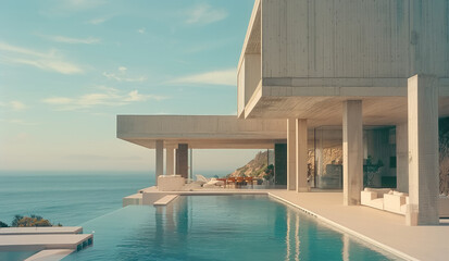 Steel and Concrete Mansion with a spectacular ocean view, Exterior front view. Generative AI.