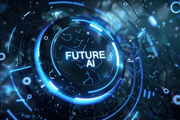 Techno Luxe: Luxurious "FUTURE AI" Logo Design with Metallic Textures, Electric Blue Neon Lights, and Cybernetic Connections