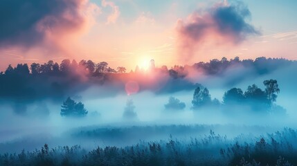 Natural landscape, sunrise, fog. Generative AI.