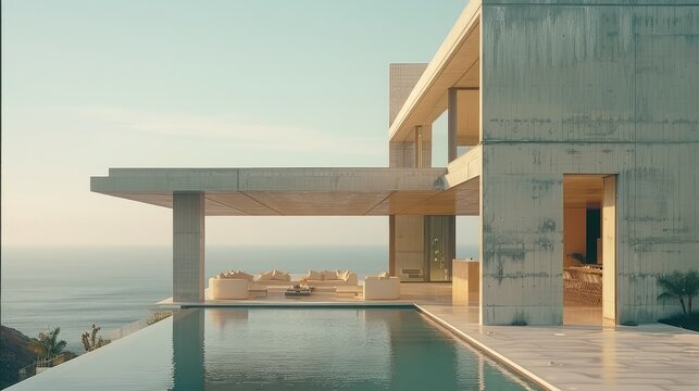 Steel and Concrete Mansion with a spectacular ocean view, Exterior front view. Generative AI.