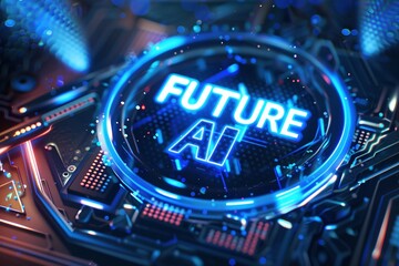 Cybernetic Emblem: "FUTURE AI" Logo with Metallic Textures and Electric Blue Neon Lights, Surrounded by Digital Particles and Cybernetic Connections