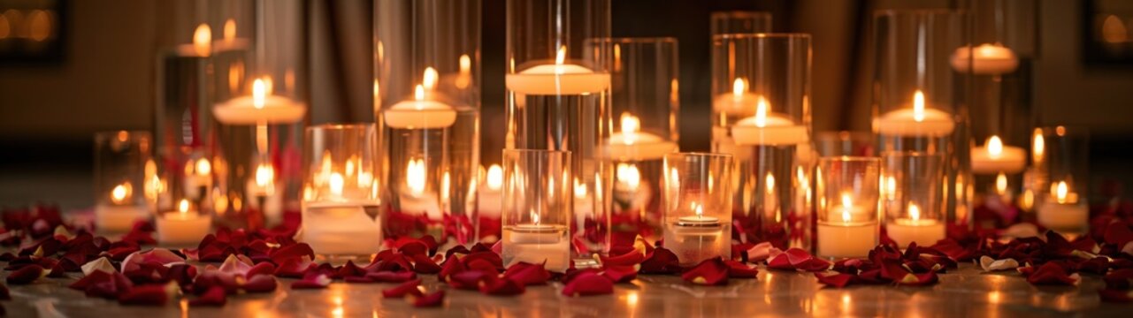 Romantic Candlelight Ambiance with Rose Petals by a stunning floral display