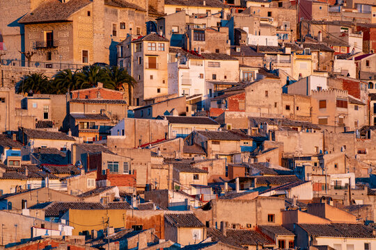 Detail at dawn of the old town of Moratalla, Region of Murcia, Spain, with its typical waterfall-shaped houses