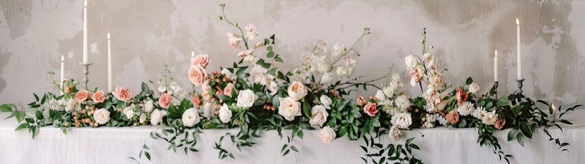 Visualize a sweetheart table set apart from the rest, featuring a lavish floral arrangement that spills over the edges of the table, with roses, peonies, and cascading greenery.