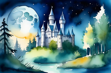 watercolor antique Gothic castle at night under the moon in a dense forest - obrazy, fototapety, plakaty