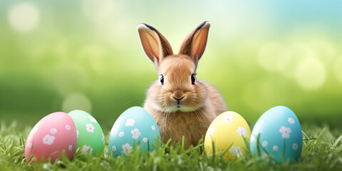 Fototapeta na wymiar Banner with cute brown bunny and colorful painted easter eggs in grass