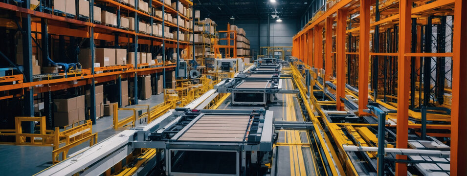 Automated warehouse with robotic systems for logistics.