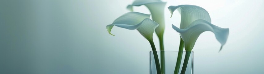 Three tall, slender calla lilies in a simple glass tube vase, set against a white backdrop.