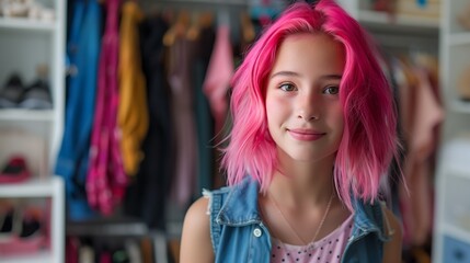 Capture the happiness of a teenage girl with pink hair looking directly at the camera while standing in front of a modern clothes wardrobe closet. 