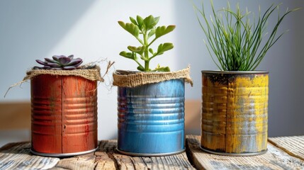 Tin Can Planters: Paint or wrap tin cans with burlap and use them as planters for small flowers or succulents