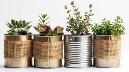 Tin Can Planters: Paint or wrap tin cans with burlap and use them as planters for small flowers or succulents - obrazy, fototapety, plakaty