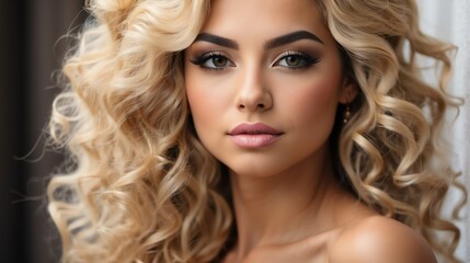 Attractive blonde haired hispanic woman with elegant hairstyle and light make up with long eye lashes from Generative AI