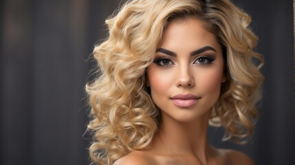 Fototapeta premium Attractive blonde haired hispanic woman with elegant hairstyle and light make up with long eye lashes from Generative AI