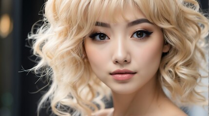 Attractive blonde haired japanese woman with elegant hairstyle and light make up with long eye lashes from Generative AI
