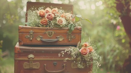 Vintage Suitcase Floral Arrangement: Picture a stack of vintage suitcases, with the top one open and displaying a carefully arranged selection of roses