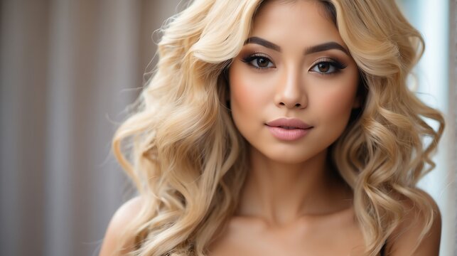 Attractive blonde haired filipina woman with elegant hairstyle and light make up with long eye lashes from Generative AI