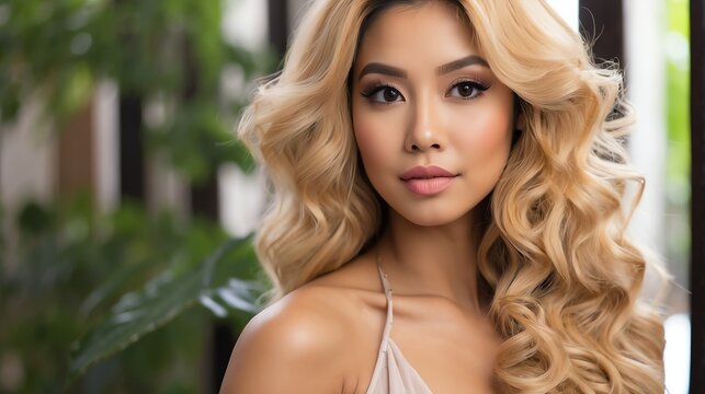 Attractive blonde haired filipina woman with elegant hairstyle and light make up with long eye lashes from Generative AI