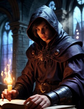 A cloaked figure stands in a candlelit library, an ancient tome open before them. The mysterious ambiance is palpable, hinting at arcane knowledge and forbidden secrets.