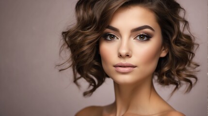 Obraz premium Attractive brown haired french woman with modern, trendy and elegant hairstyle and light make up with long eye lashes from Generative AI