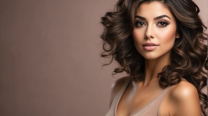Fototapeta premium Attractive brown haired hispanic woman with modern, trendy and elegant hairstyle and light make up with long eye lashes from Generative AI