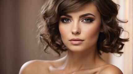 Fototapeta premium Attractive brown haired russian woman with modern, trendy and elegant hairstyle and light make up with long eye lashes from Generative AI