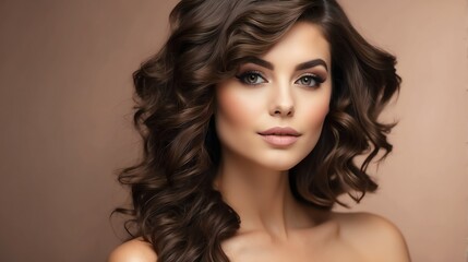 Naklejka premium Attractive brown haired woman with modern, trendy and elegant hairstyle and light make up with long eye lashes from Generative AI