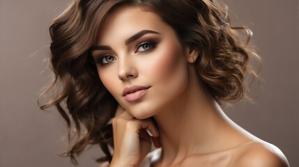 Fototapeta premium Attractive brown haired woman with modern, trendy and elegant hairstyle and light make up with long eye lashes from Generative AI