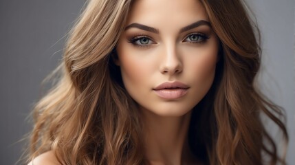 Attractive caucasian model woman with straight flying hair and light make up with long eye lashes from Generative AI