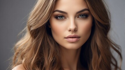 Fototapeta premium Attractive caucasian model woman with straight flying hair and light make up with long eye lashes from Generative AI