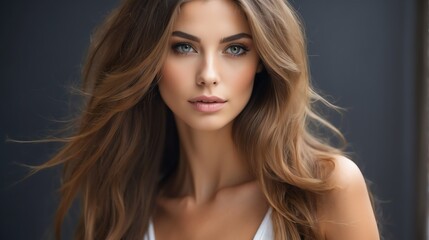 Fototapeta premium Attractive french model woman with straight flying hair and light make up with long eye lashes from Generative AI