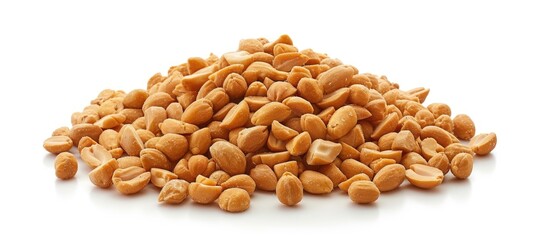A collection of delicious peanuts stacked on top of each other, placed on a clean white background. The pile showcases the texture and color of the peanuts, inviting viewers to enjoy their crunchy