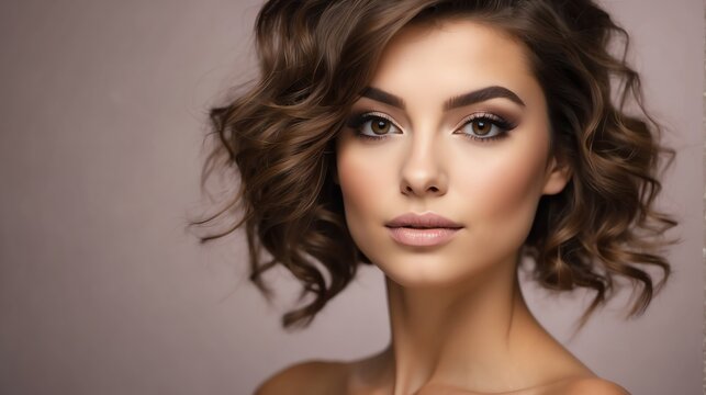 Attractive brown haired french woman with modern, trendy and elegant hairstyle and light make up with long eye lashes from Generative AI