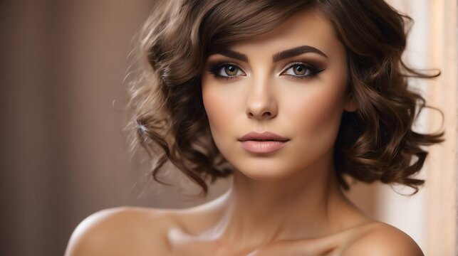 Attractive brown haired russian woman with modern, trendy and elegant hairstyle and light make up with long eye lashes from Generative AI