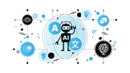 AI, artificial intelligence Instant Translation Concept. Ai Help to Translate Worldwide Language on Online App. Self-Learning Computing System Processing Data Technology. Flat Vector Web Banner.
