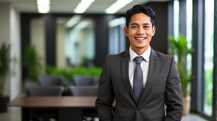 Fototapeta premium Happy employee business filipino man corporate lawyer with formal suit in office background looking at camera from Generative AI
