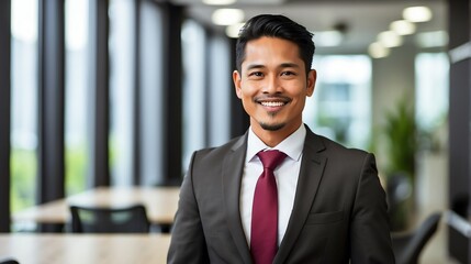 Fototapeta premium Happy employee business filipino man corporate lawyer with formal suit in office background looking at camera from Generative AI