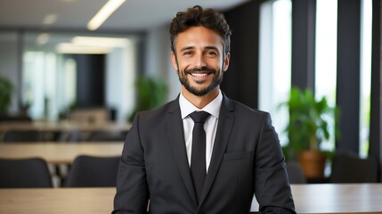 Happy employee business french man corporate lawyer with formal suit in office background looking at camera from Generative AI