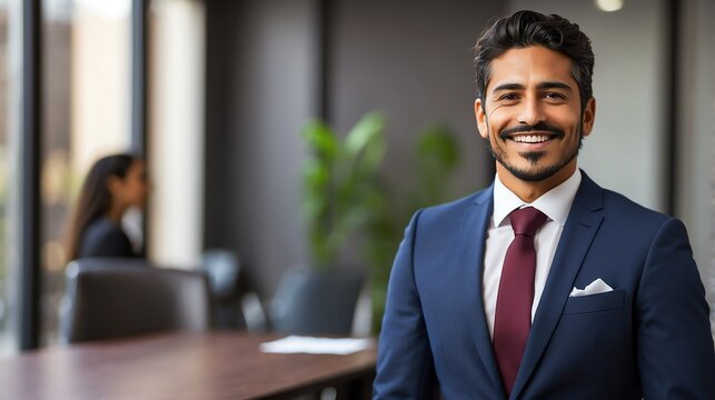 Happy employee business hispanic man corporate lawyer with formal suit in office background looking at camera from Generative AI