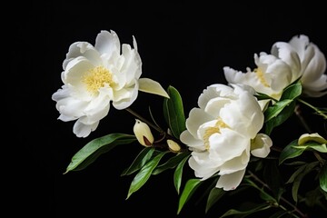 Obraz premium White Peonies Against Black. Lush white peonies with dark leaves against a deep black background, highlighting their elegance.