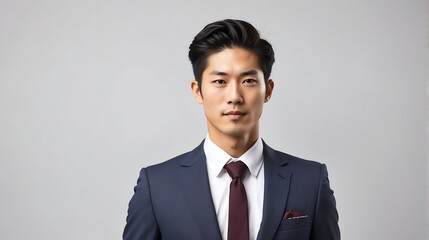 Stylish handsome attractive charming young japanese man in suit and tie on plain white background from Generative AI