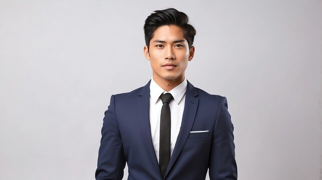 Stylish handsome attractive charming young filipino man in suit and tie on plain white background from Generative AI