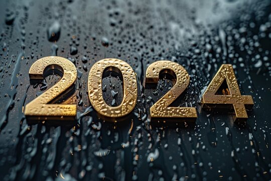Timeless Sophistication: "2024" Gold Letters on Black, Inspired by Nul Group, Exquisite Craftsmanship, Machine Age Aesthetics, Misty Ambiance, Minimalist Design